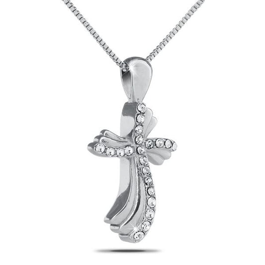 White Stones Cross Steel Pendant